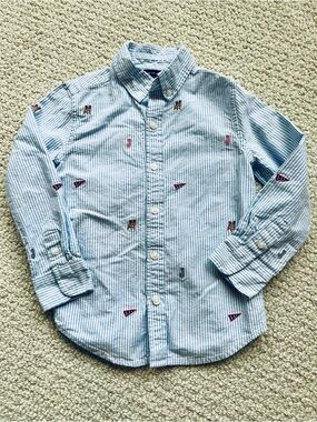Janie and Jack Blue Striped Button Down Shirt with Embroidered Details